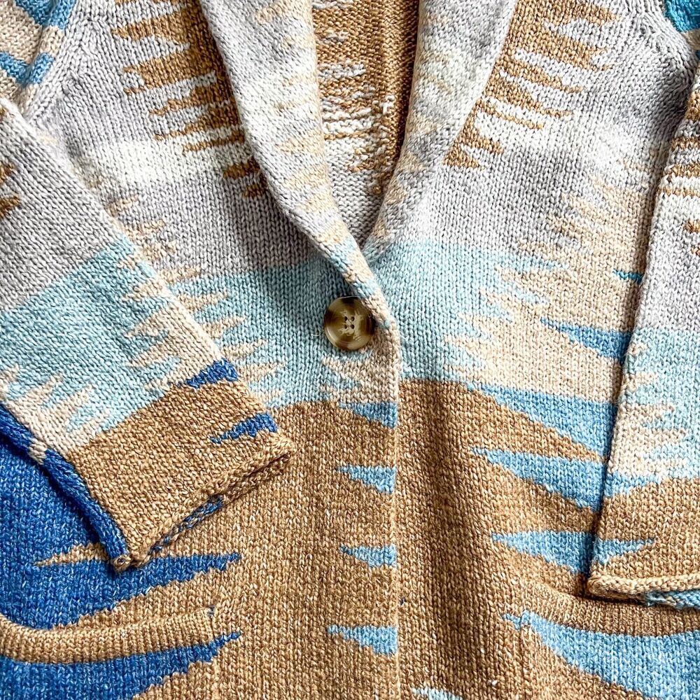 BNWT J.Jill Women Sz Medium Petite Aztec Boho Shawl Cardigan Sweater Blue Brown - Picture 2 of 8